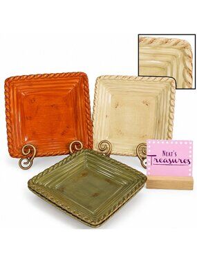 Artimino TUSCAN COUNTRYSIDE Rustic Rope Rim Square Stoneware Salad Plate Set 3